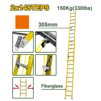 Fiberglass extension ladder, 14+14 steps, 7.9 m height – 150 kg load capacity by Jadaver (JDLD0928)