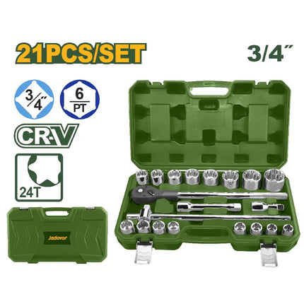3/4" Drive Socket Set, 21 Pieces, 19–50 mm – 24-Tooth Ratchet with Extensions from Jodiver (JDST4D21)
